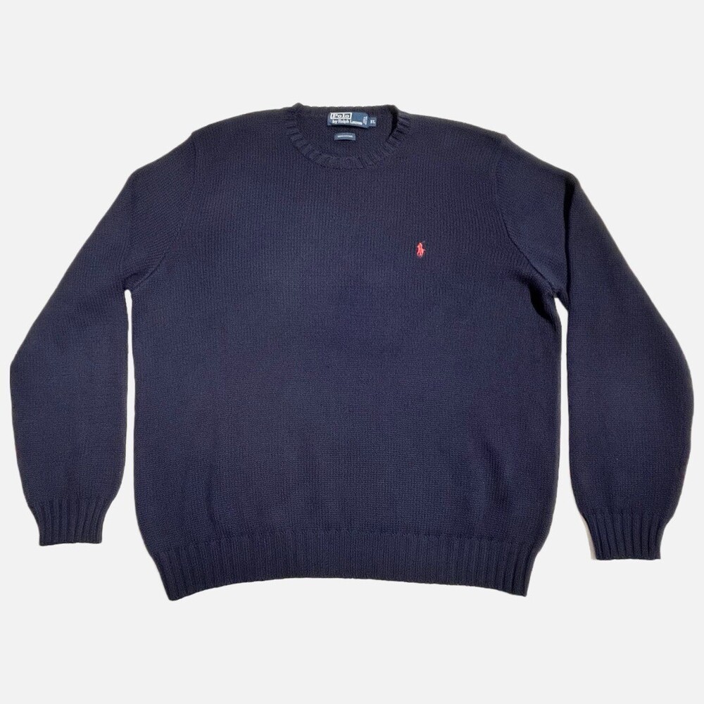 Vintage Polo Ralph Lauren Sweater Blue Cotton Cable Knit Crewneck 2XL 90s Heavy
